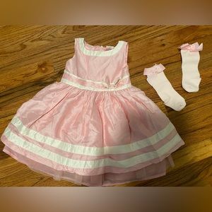 Gymboree pink baby infant girl dress tulle a line formal bow matching socks